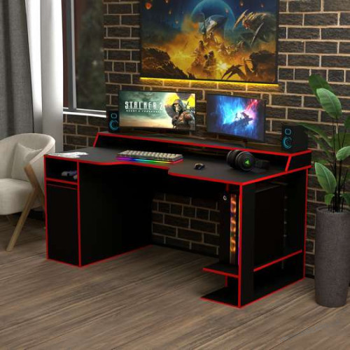 Игровой стол для геймеров Rasin RS-28 черный+желтый (кромка разного цвета) с полочкой для монитора и тумбой, фото 5