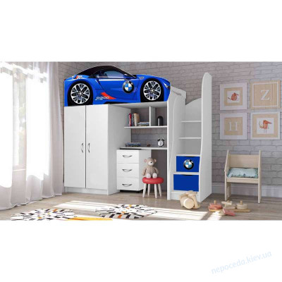 Детская кровать с рабочим местом машина BMW (синяя) со столом и шкафом