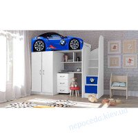 Детская кровать с рабочим местом машина BMW (синяя) со столом и шкафом