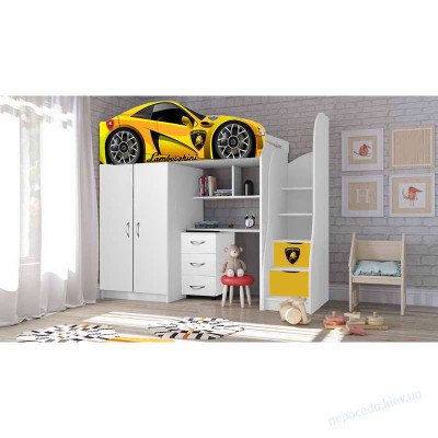 Дитяче ліжко з робочим місцем авто Lamborghini