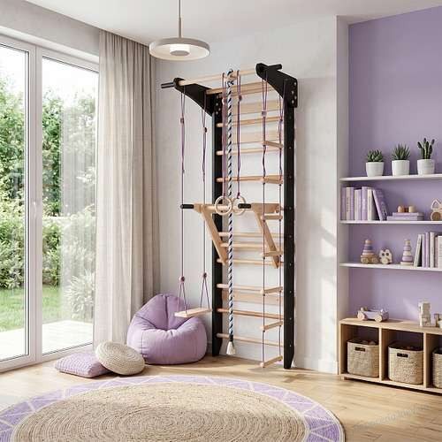 Черная шведская стенка с брусьями и канатом Lux 13-220 для дома, фото 7
