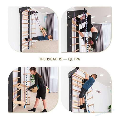 Черная шведская стенка с брусьями и канатом Lux 13-220 для дома, фото 4
