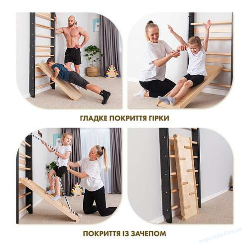 Черная шведская стенка с брусьями и горкой-скалодромом Lux 14-220, фото 4