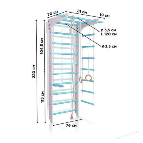 Шведская стенка деревянная 3-Lux 1-220 бело-голубая с навесным оборудованием, фото 1
